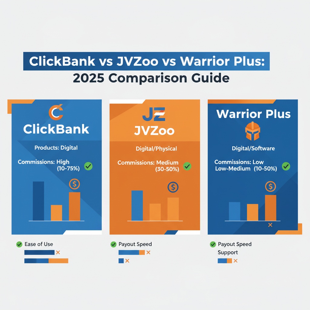 ClickBank vs JVZoo vs Warrior Plus comparison chart showing affiliate marketing platform features and commission rates for 2025